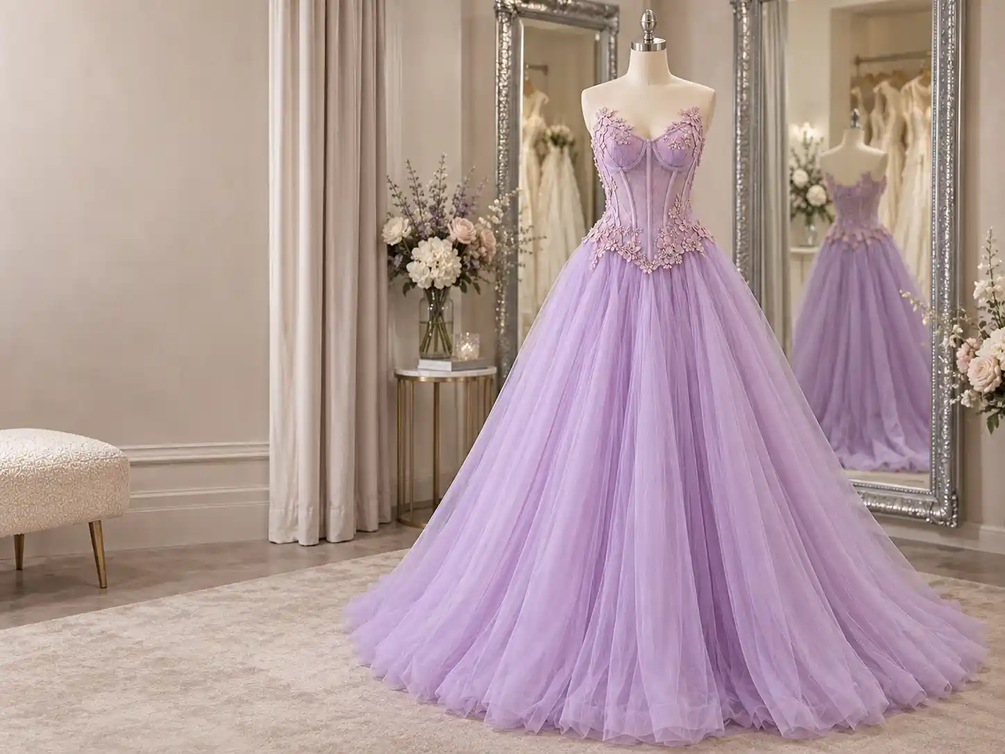 Lila couture šaty na figuríně v našem ateliéru